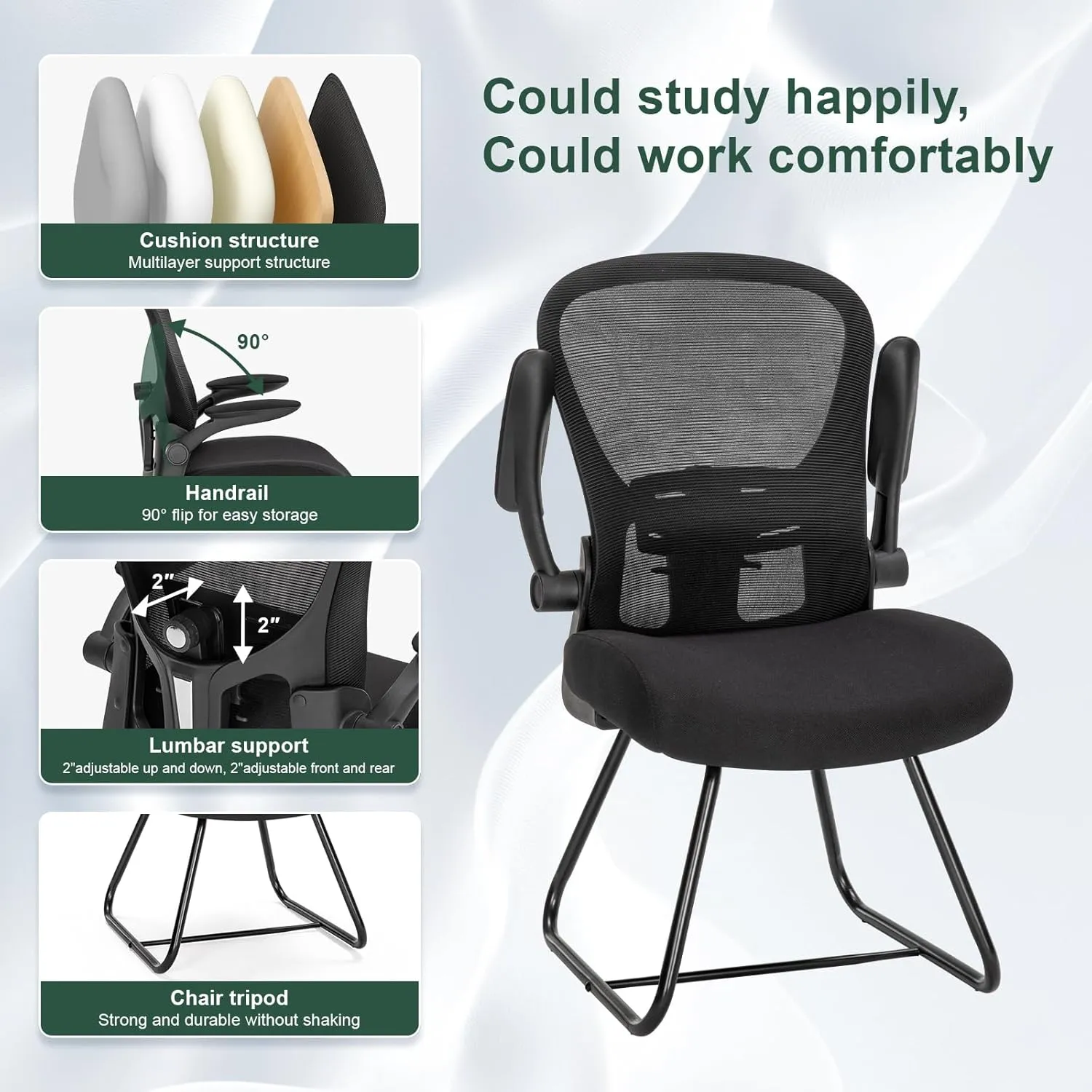 TLLMOON-6066 Fixed Support Seat Comfortable and Convenient Ergonomic Office Mesh Chair Adjustable Office Chair Suitable for Gaming, Studying, Resting, Office Work（Black）