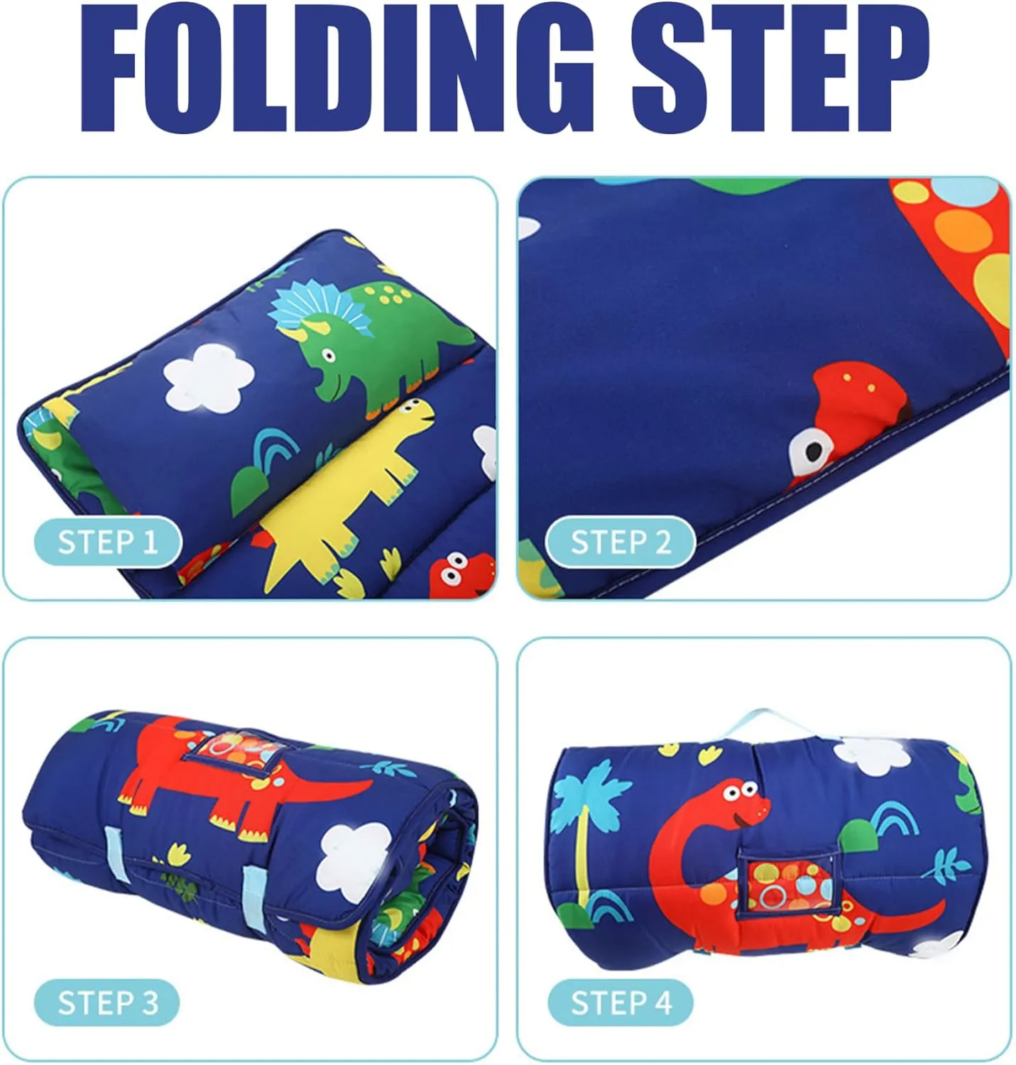 Toddler Nap Mat with Pillow and Blanket Anti-Kick Thermal Sleeping Mat with Handle 47x20 Portable Roll Up Kids Sleep Bag Nap Mats for Daycare Preschool Dinosaur, Nap Mat