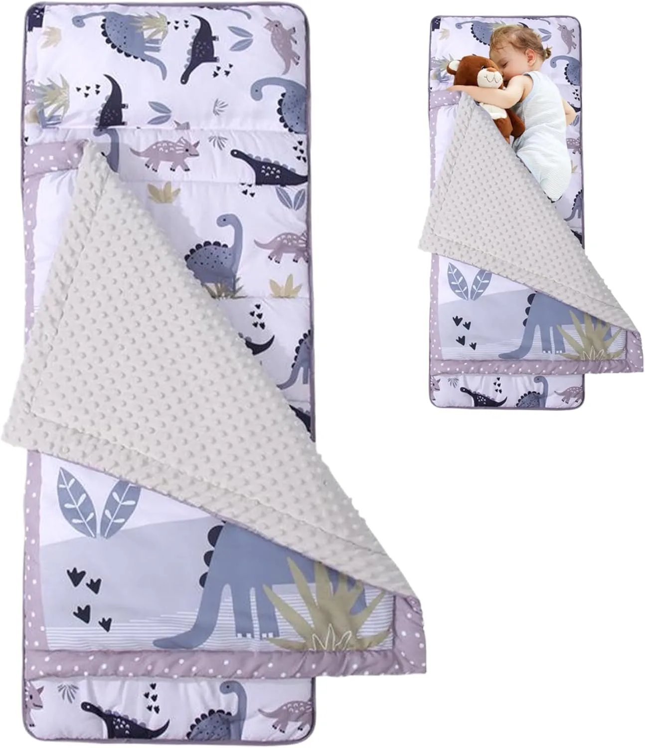 Toddler Nap Mat with Pillow and Blanket Anti-Kick Thermal Sleeping Mat with Handle 47x20 Portable Roll Up Kids Sleep Bag Nap Mats for Daycare Preschool Dinosaur, Nap Mat