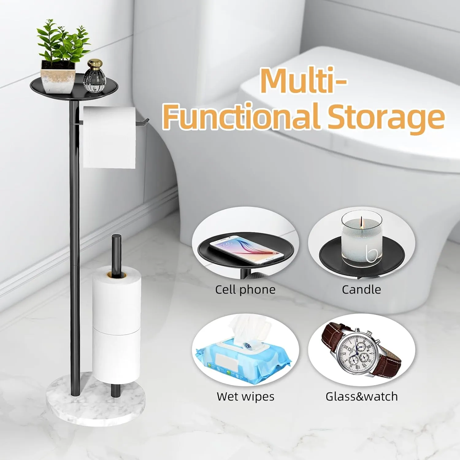 Toilet Paper Holder Stand with Marble Base, Toilet Paper Holder Stand Free Standing with Shelf, Large Capacity Bathroom Toilet Paper Stand Reserve for 4 Rolls (Black)