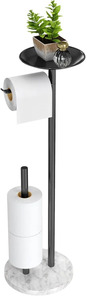 Toilet Paper Holder Stand with Marble Base, Toilet Paper Holder Stand Free Standing with Shelf, Large Capacity Bathroom Toilet Paper Stand Reserve for 4 Rolls (Black)