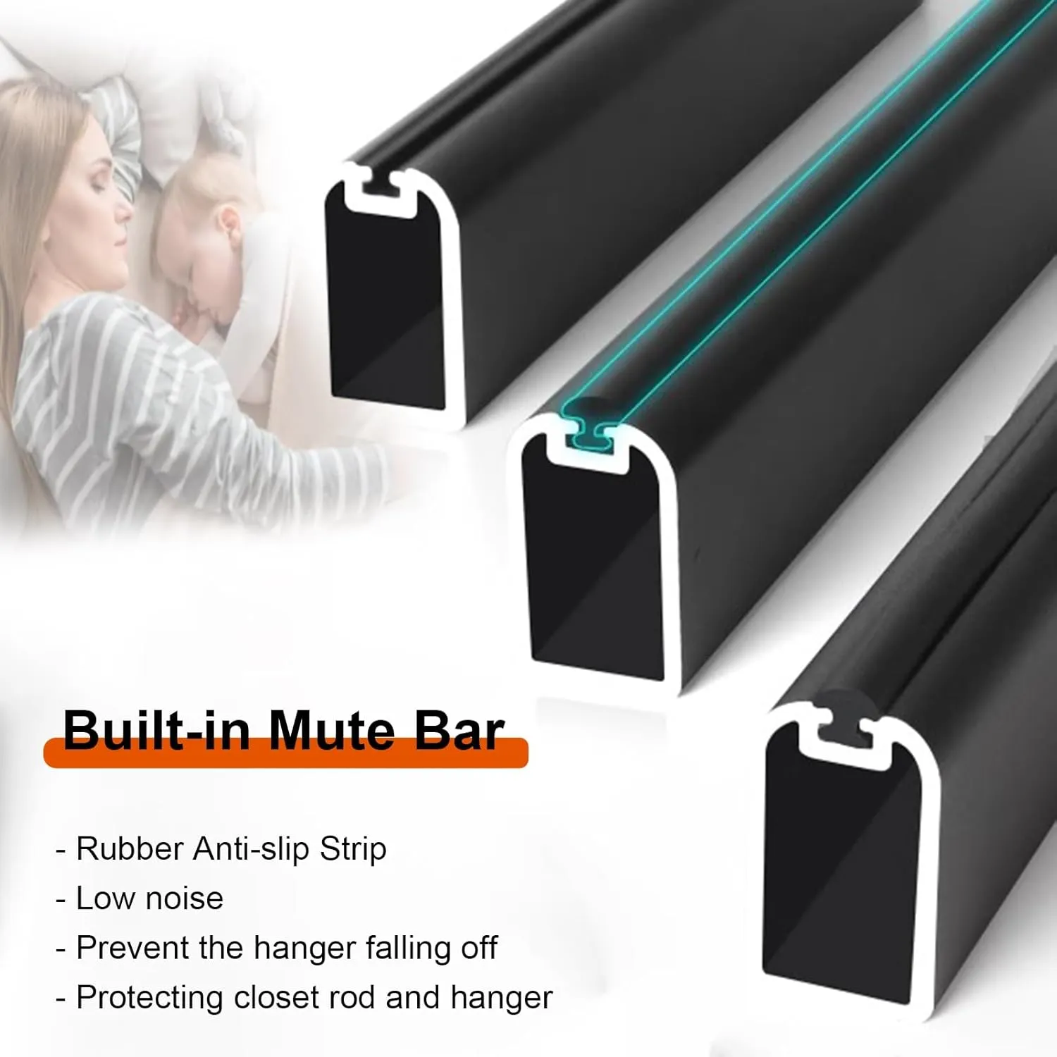 Top Mount Hanger Rods for Closet Heavy Duty, U-shaped Aluminum Garment Bar with Silent & Anti-Slip Rubber Strip, Cuttable Wardrobe Cabinet Support Pole(40.5 cm)