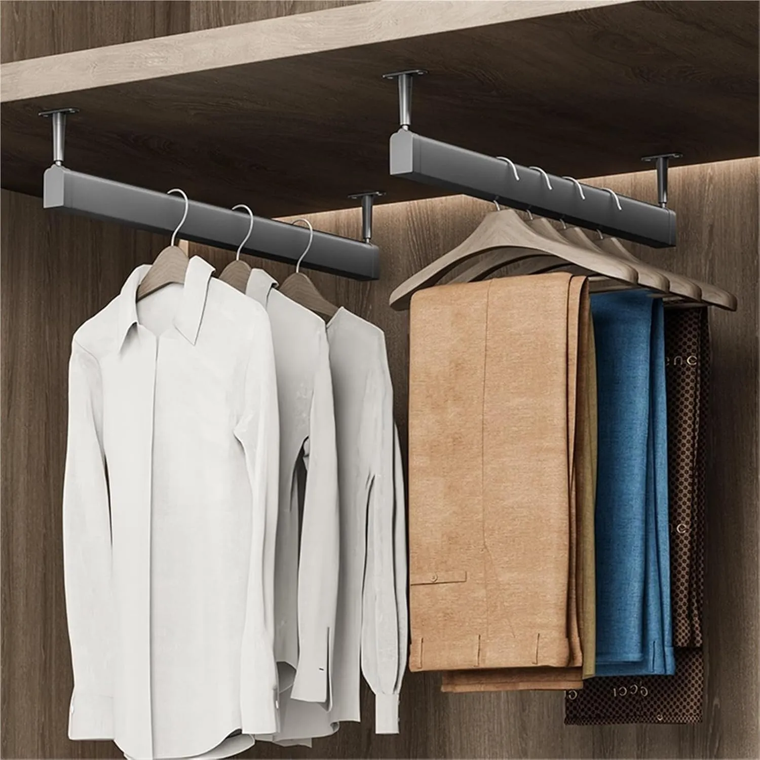 Top Mount Hanger Rods for Closet Heavy Duty, U-shaped Aluminum Garment Bar with Silent & Anti-Slip Rubber Strip, Cuttable Wardrobe Cabinet Support Pole(40.5 cm)