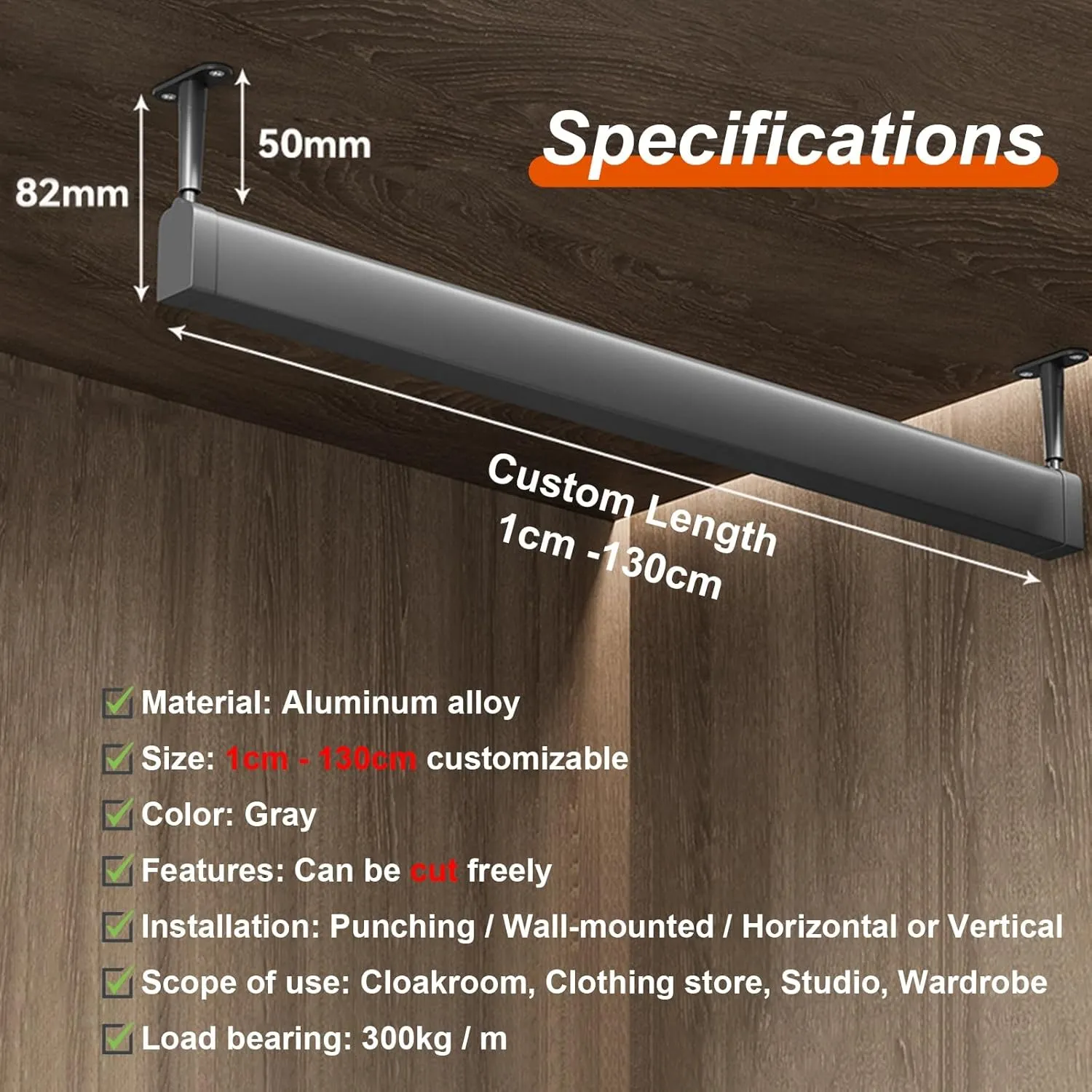 Top Mount Hanger Rods for Closet Heavy Duty, U-shaped Aluminum Garment Bar with Silent & Anti-Slip Rubber Strip, Cuttable Wardrobe Cabinet Support Pole(40.5 cm)