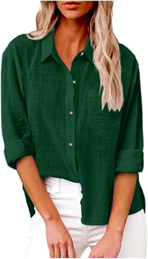 Tops for Women 2024 Cotton Linen Plus Size Long Sleeve Button Down Shirts Work Office Loose Casual Fit Clothes