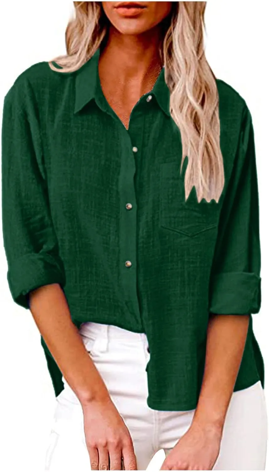Tops for Women 2024 Cotton Linen Plus Size Long Sleeve Button Down Shirts Work Office Loose Casual Fit Clothes