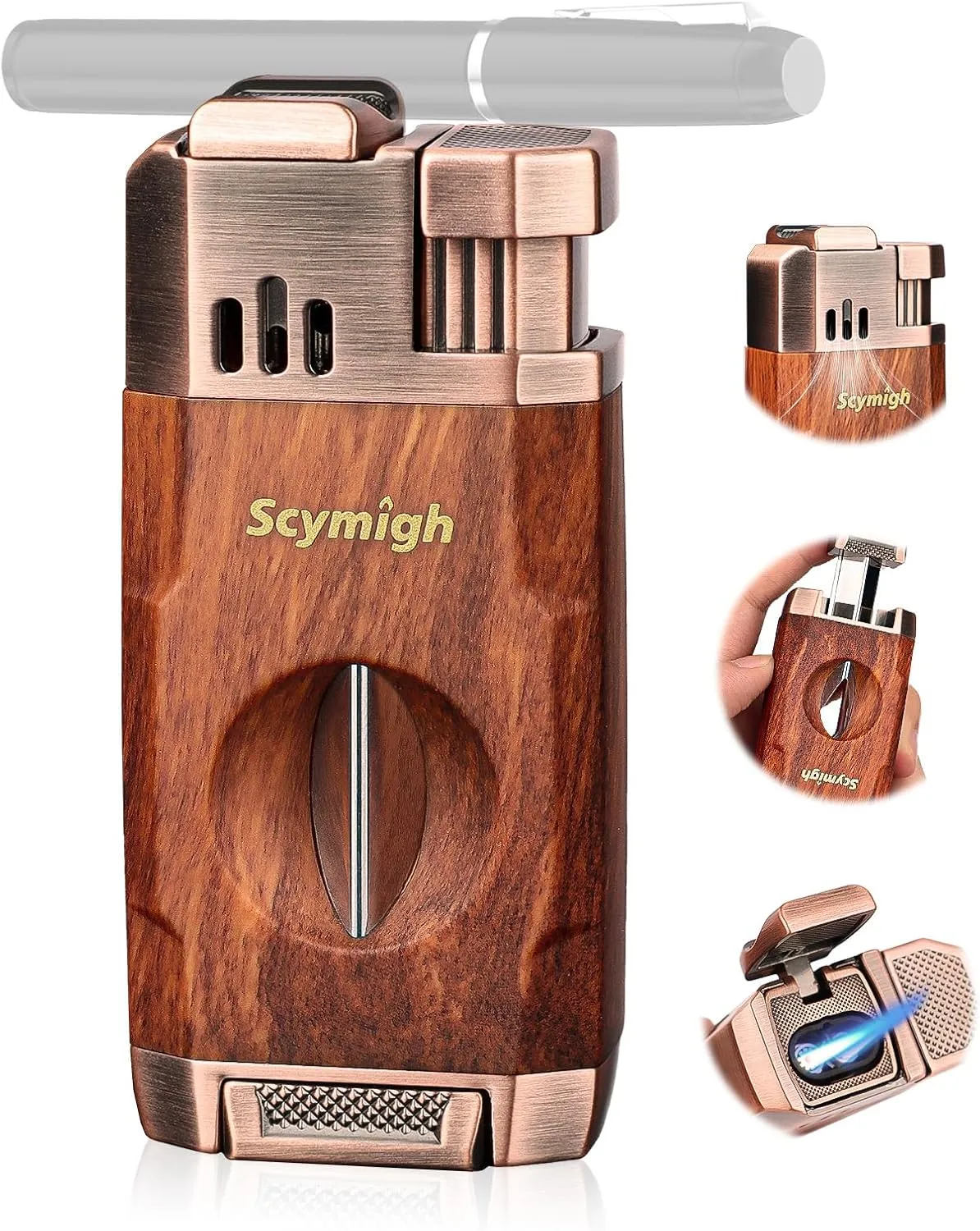 Torch Lighter, All-in-one Windproof Lighter with V Cutter, Holder, Dual Jet Flames, Refillable Butane Lighter for Candle, Travel, Multifunctional Accessories, Gifts for Men(Butane not Included)