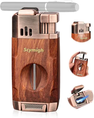 Torch Lighter, All-in-one Windproof Lighter with V Cutter, Holder, Dual Jet Flames, Refillable Butane Lighter for Candle, Travel, Multifunctional Accessories, Gifts for Men(Butane not Included)