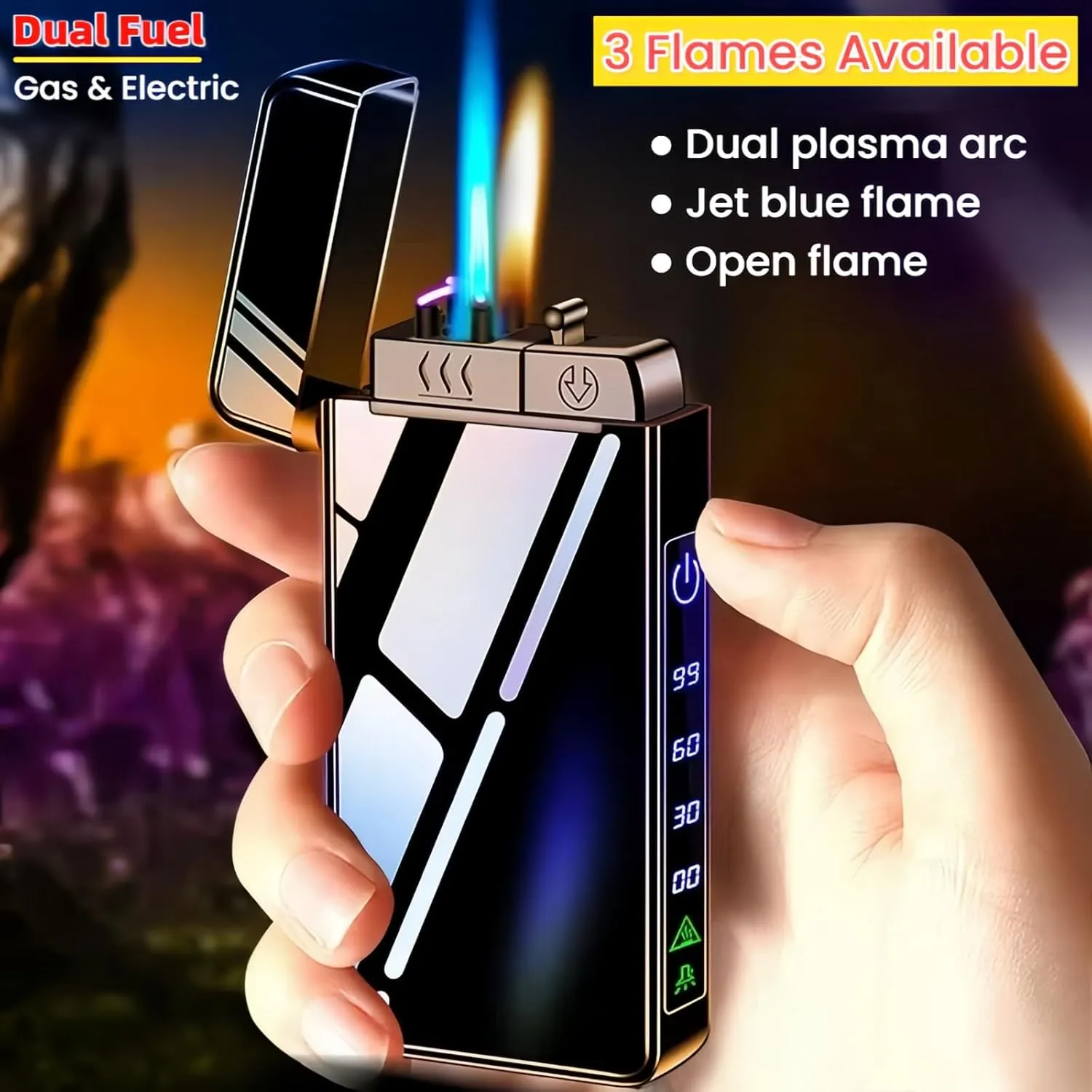 Torch Lighter, Butane Torch Open Flame Plasma Dual Arc 3-in-1 Lighter, USB Rechargeable Electric Lighters with Flashlight, Windproof Refillable Lighters (Without Fuel) (Gold Ice)