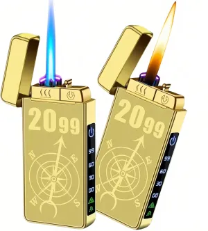 Torch Lighter, Butane Torch Open Flame Plasma Dual Arc 3-in-1 Lighter, USB Rechargeable Electric Lighters with Flashlight, Windproof Refillable Lighters (Without Fuel) (Gold Ice)