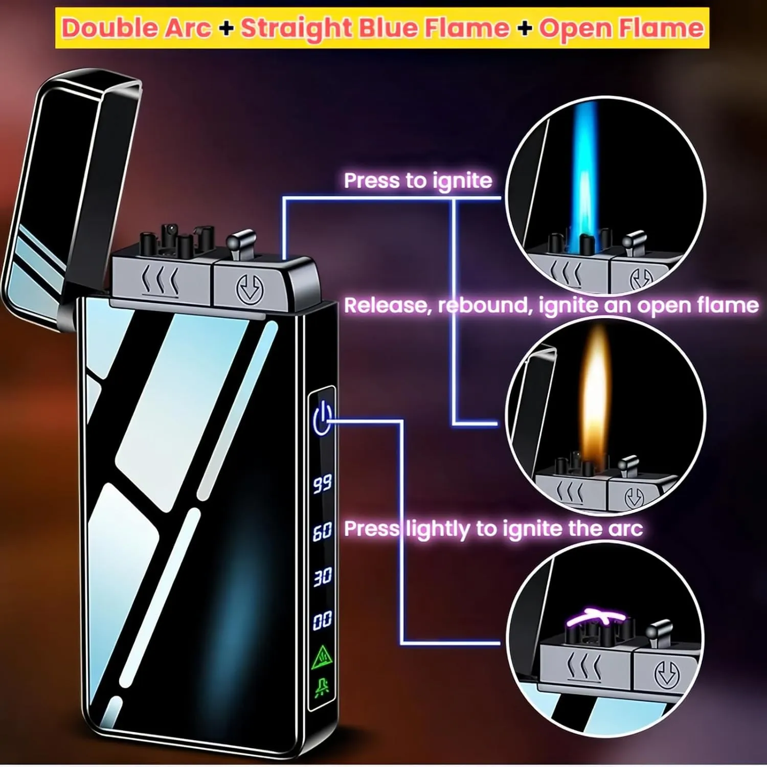 Torch Lighter, Butane Torch Open Flame Plasma Dual Arc 3-in-1 Lighter, USB Rechargeable Electric Lighters with Flashlight, Windproof Refillable Lighters (Without Fuel) (Gold Ice)