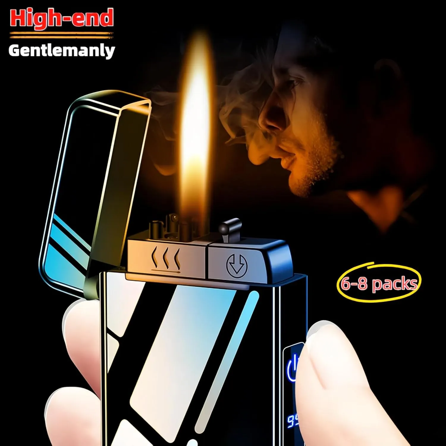 Torch Lighter, Butane Torch Open Flame Plasma Dual Arc 3-in-1 Lighter, USB Rechargeable Electric Lighters with Flashlight, Windproof Refillable Lighters (Without Fuel) (Gold Ice)