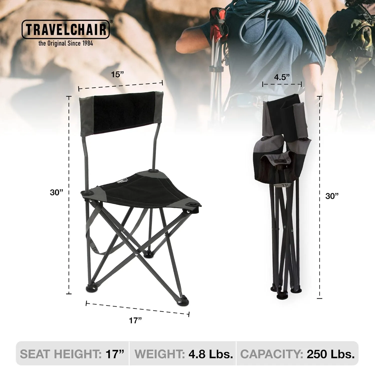 Travel Chair Ultimate Slacker 2.0, Small Folding Tripod Chair with Back for Outdoor Adventures, Portable Stool-Chair