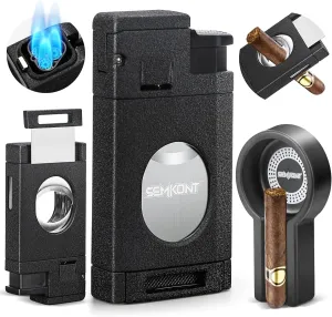 Triple Jet Flame Cigar Lighter with Cutter, Windproof Butane Refillable Torch, 2 in 1 Multifunctional Cigar Lighter Gift Accessories Ashtray Set (Black)