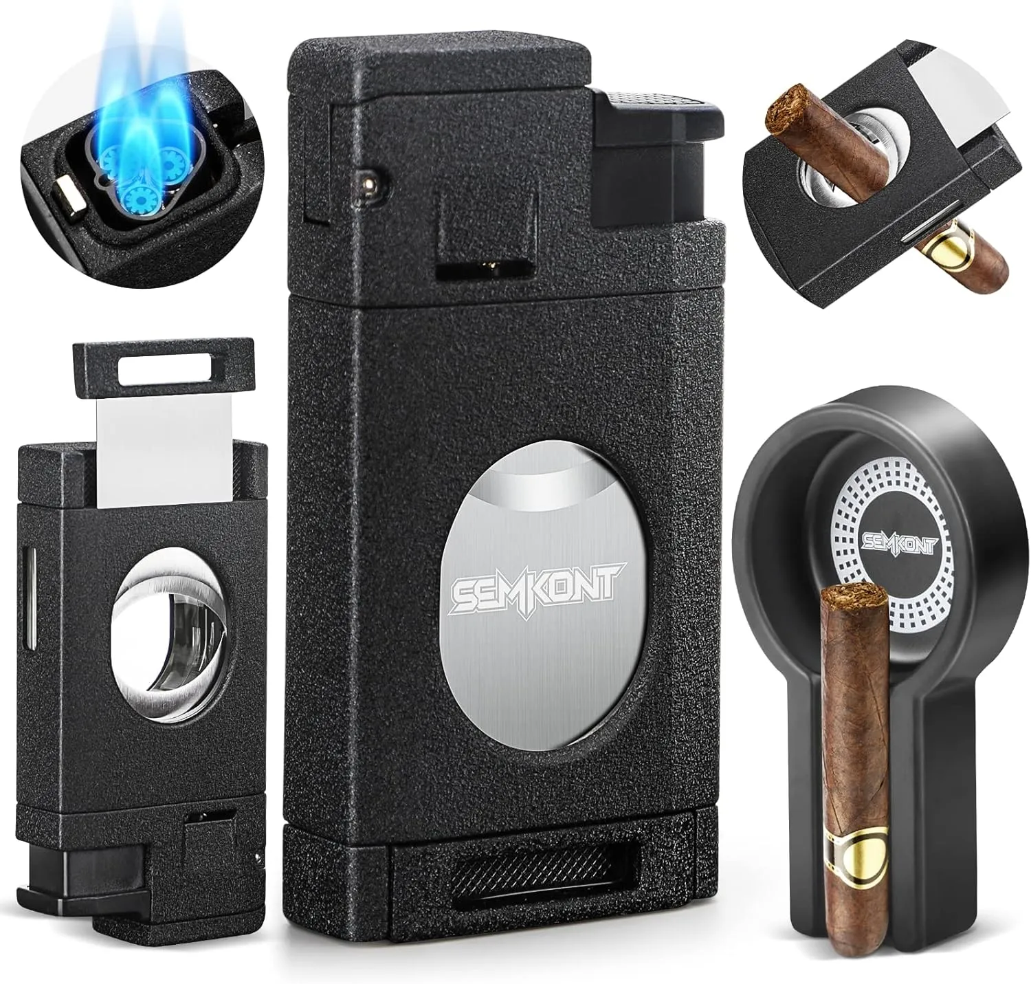 Triple Jet Flame Cigar Lighter with Cutter, Windproof Butane Refillable Torch, 2 in 1 Multifunctional Cigar Lighter Gift Accessories Ashtray Set (Black)