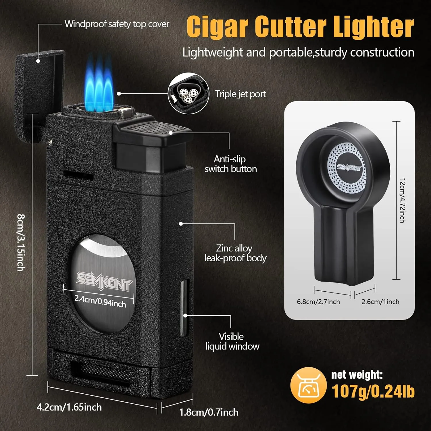 Triple Jet Flame Cigar Lighter with Cutter, Windproof Butane Refillable Torch, 2 in 1 Multifunctional Cigar Lighter Gift Accessories Ashtray Set (Black)