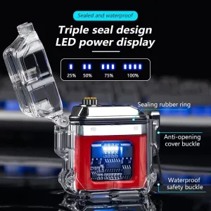 Type-C Rechargeable Transparent Waterproof Dual Arc Lighter with LED Power Display, Outdoor Windproof Lighter, Ideal Gift (Red, Transparent)