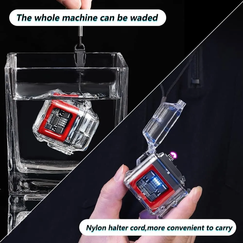 Type-C Rechargeable Transparent Waterproof Dual Arc Lighter with LED Power Display, Outdoor Windproof Lighter, Ideal Gift (Red, Transparent)