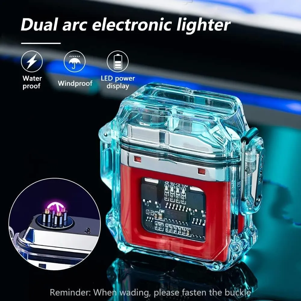 Type-C Rechargeable Transparent Waterproof Dual Arc Lighter with LED Power Display, Outdoor Windproof Lighter, Ideal Gift (Red, Transparent)