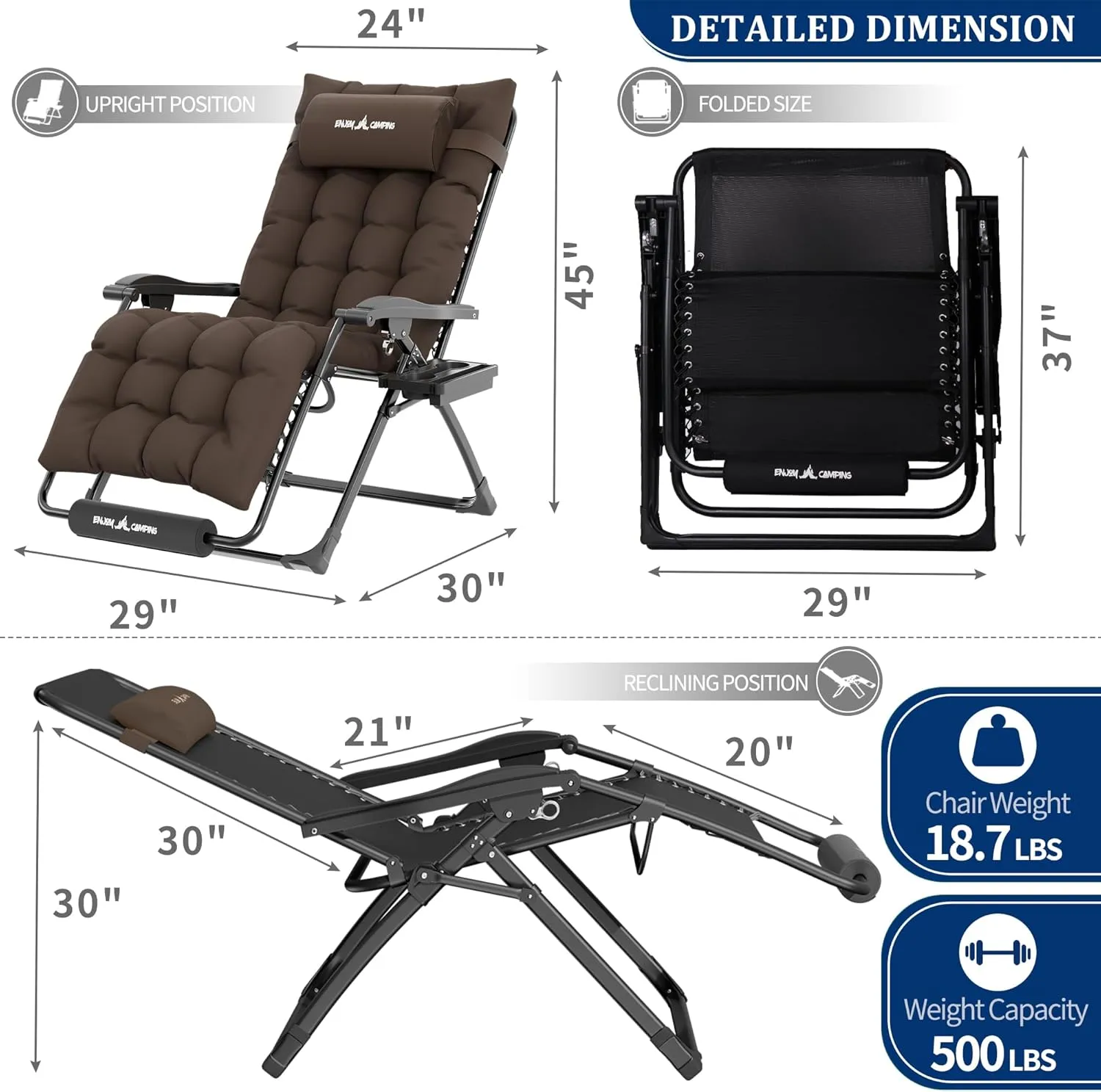 UDPATIO Oversized Zero Gravity Chair 29In XL Patio Reclining Chair with Cushion, Outdoor Folding Recliner with Pillows|Cup Holder|Foot Rest|Padded Headrest, Brown Grey, Support 500LB