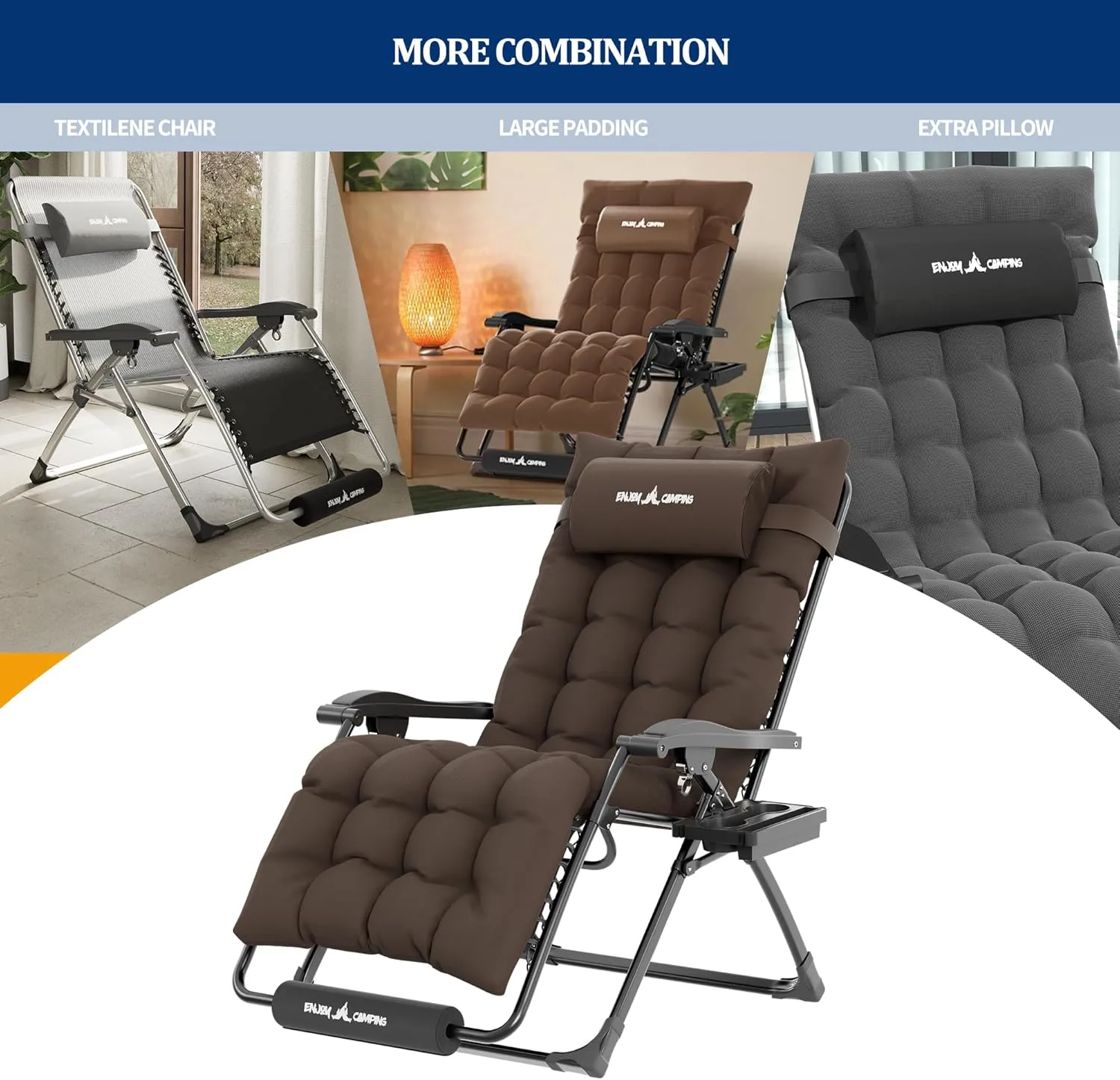 UDPATIO Oversized Zero Gravity Chair 29In XL Patio Reclining Chair with Cushion, Outdoor Folding Recliner with Pillows|Cup Holder|Foot Rest|Padded Headrest, Brown Grey, Support 500LB