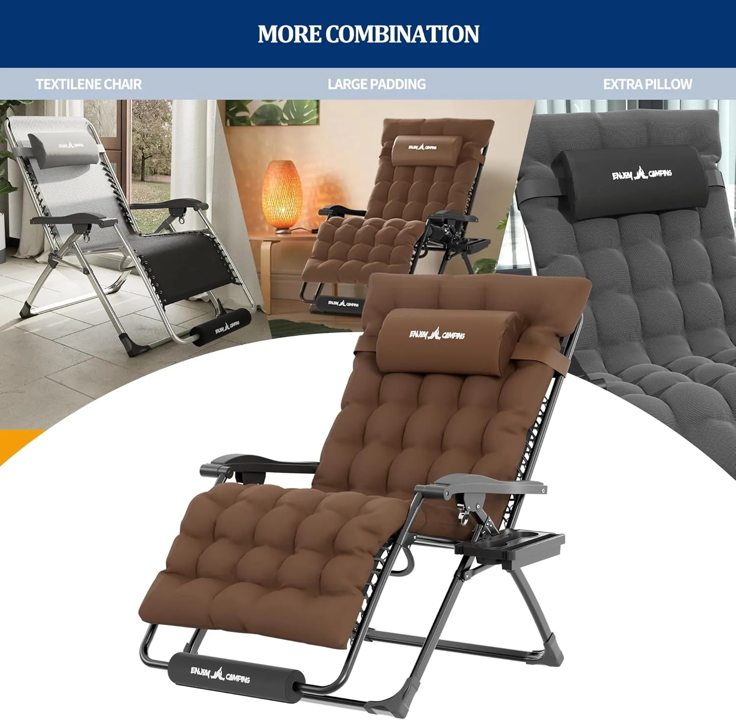UDPATIO Oversized Zero Gravity Chair, 33In XXL Patio Reclining Chair with Cushion, Outdoor Folding Recliner with Pillows|Cup Holder|Foot Rest|Padded Headrest, Brown, Support 500LB