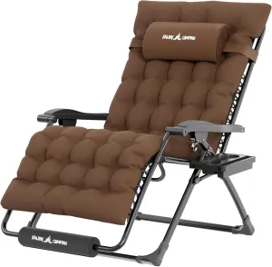 UDPATIO Oversized Zero Gravity Chair, 33In XXL Patio Reclining Chair with Cushion, Outdoor Folding Recliner with Pillows|Cup Holder|Foot Rest|Padded Headrest, Brown, Support 500LB