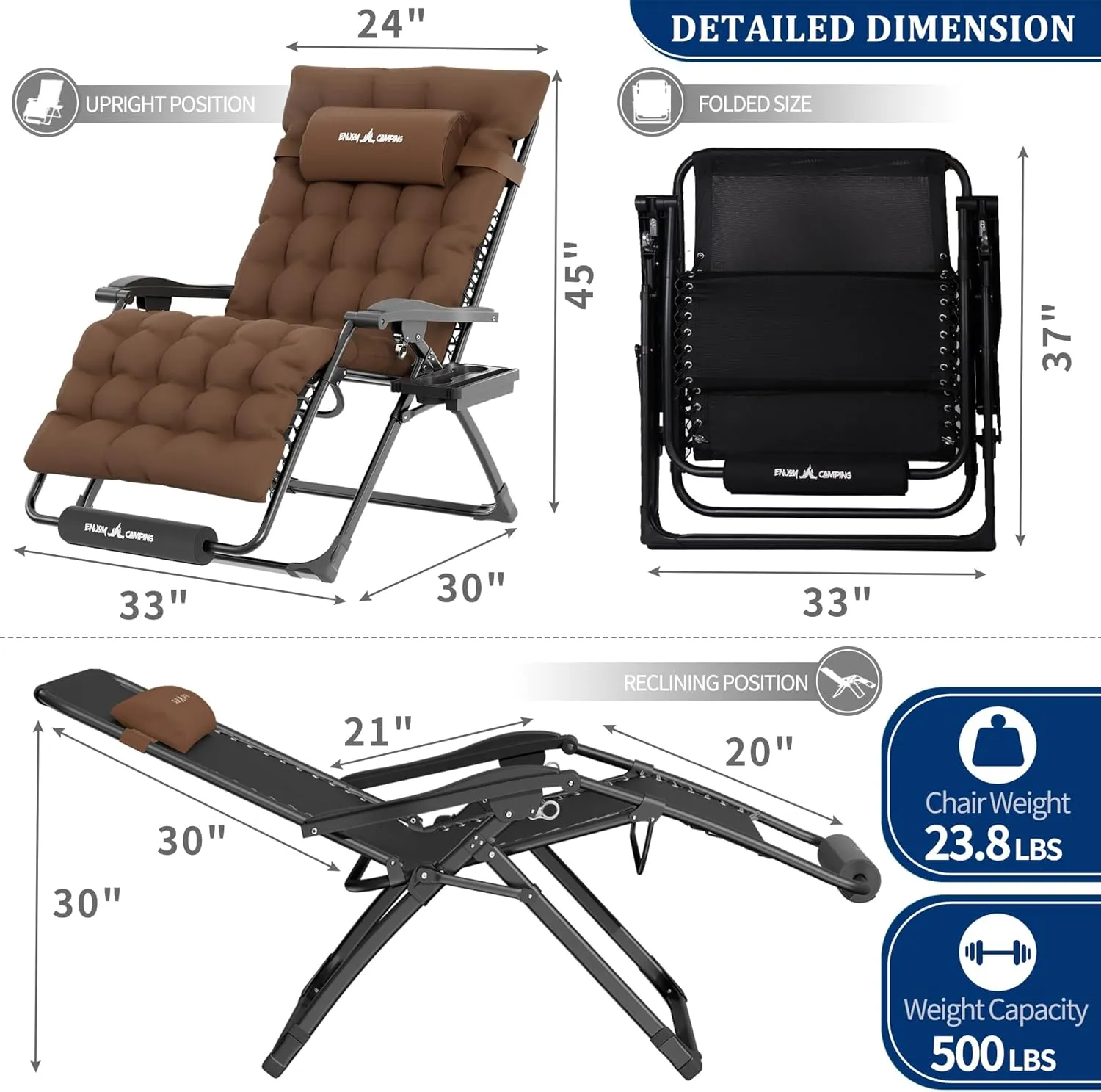 UDPATIO Oversized Zero Gravity Chair, 33In XXL Patio Reclining Chair with Cushion, Outdoor Folding Recliner with Pillows|Cup Holder|Foot Rest|Padded Headrest, Brown, Support 500LB