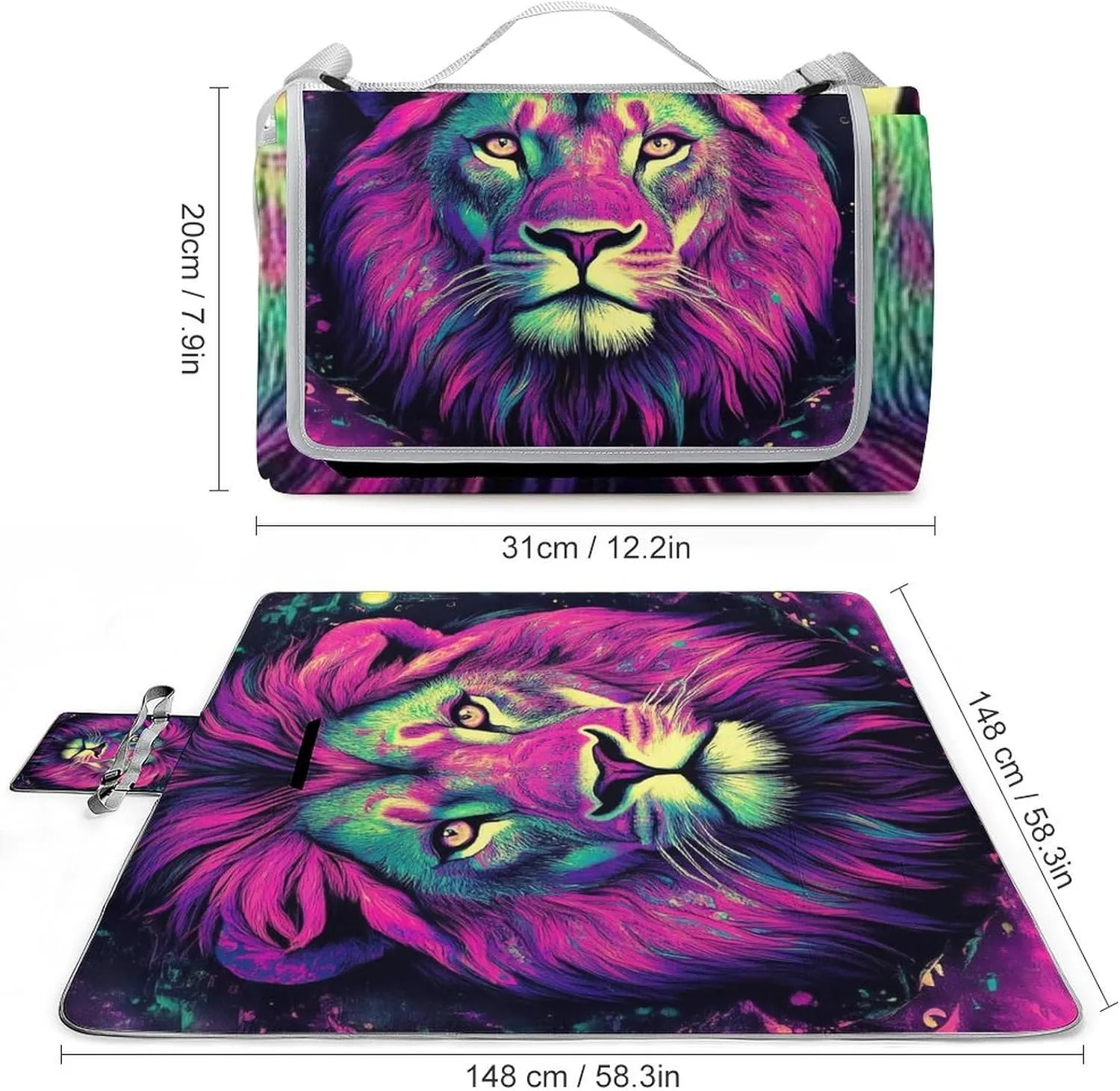 Unisex Foldable Colorful Lion Galaxy Art Mat for Outdoor, Water-Resistant Handy Mat Tote, Spring Summer Camping Blanket for Picnic Travel Beach