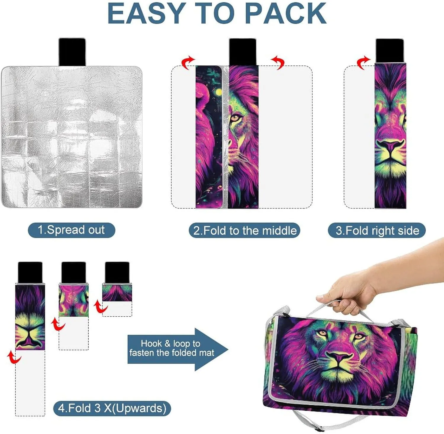 Unisex Foldable Colorful Lion Galaxy Art Mat for Outdoor, Water-Resistant Handy Mat Tote, Spring Summer Camping Blanket for Picnic Travel Beach