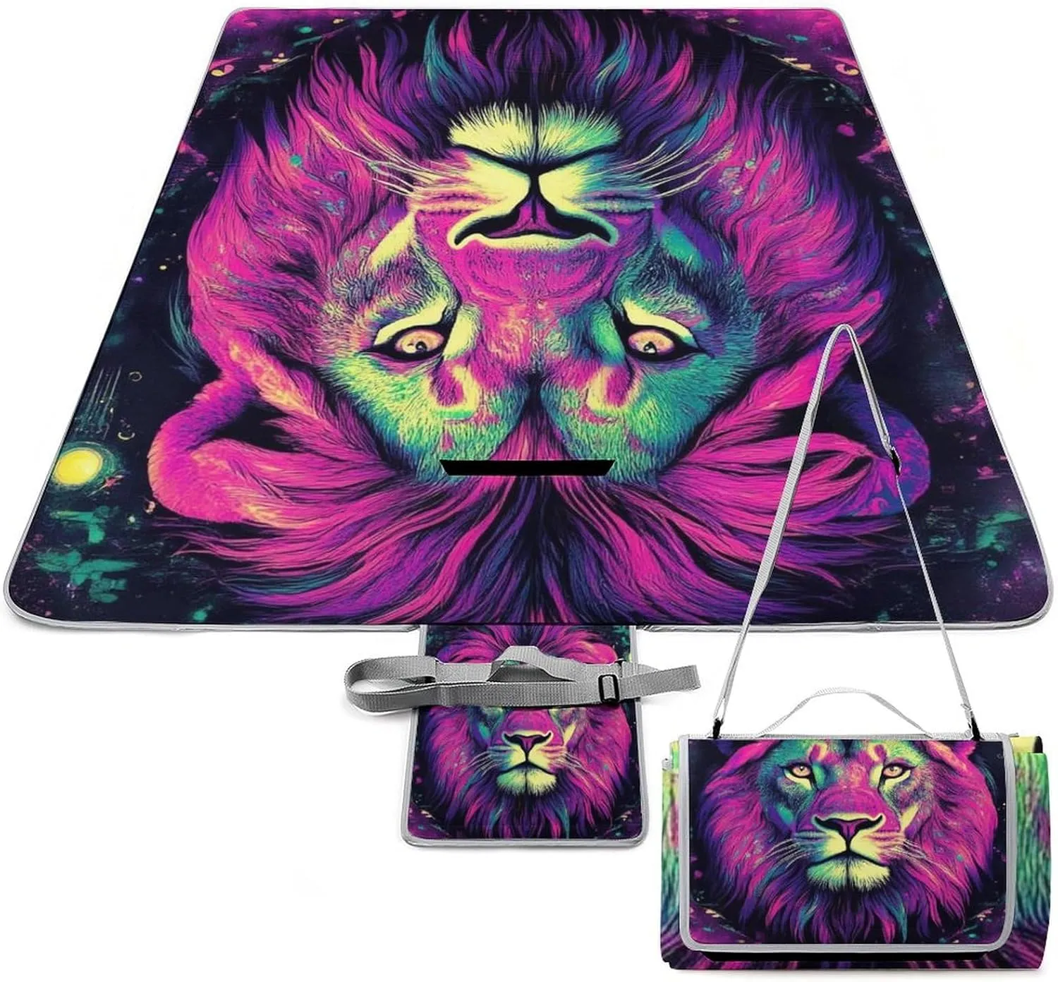 Unisex Foldable Colorful Lion Galaxy Art Mat for Outdoor, Water-Resistant Handy Mat Tote, Spring Summer Camping Blanket for Picnic Travel Beach