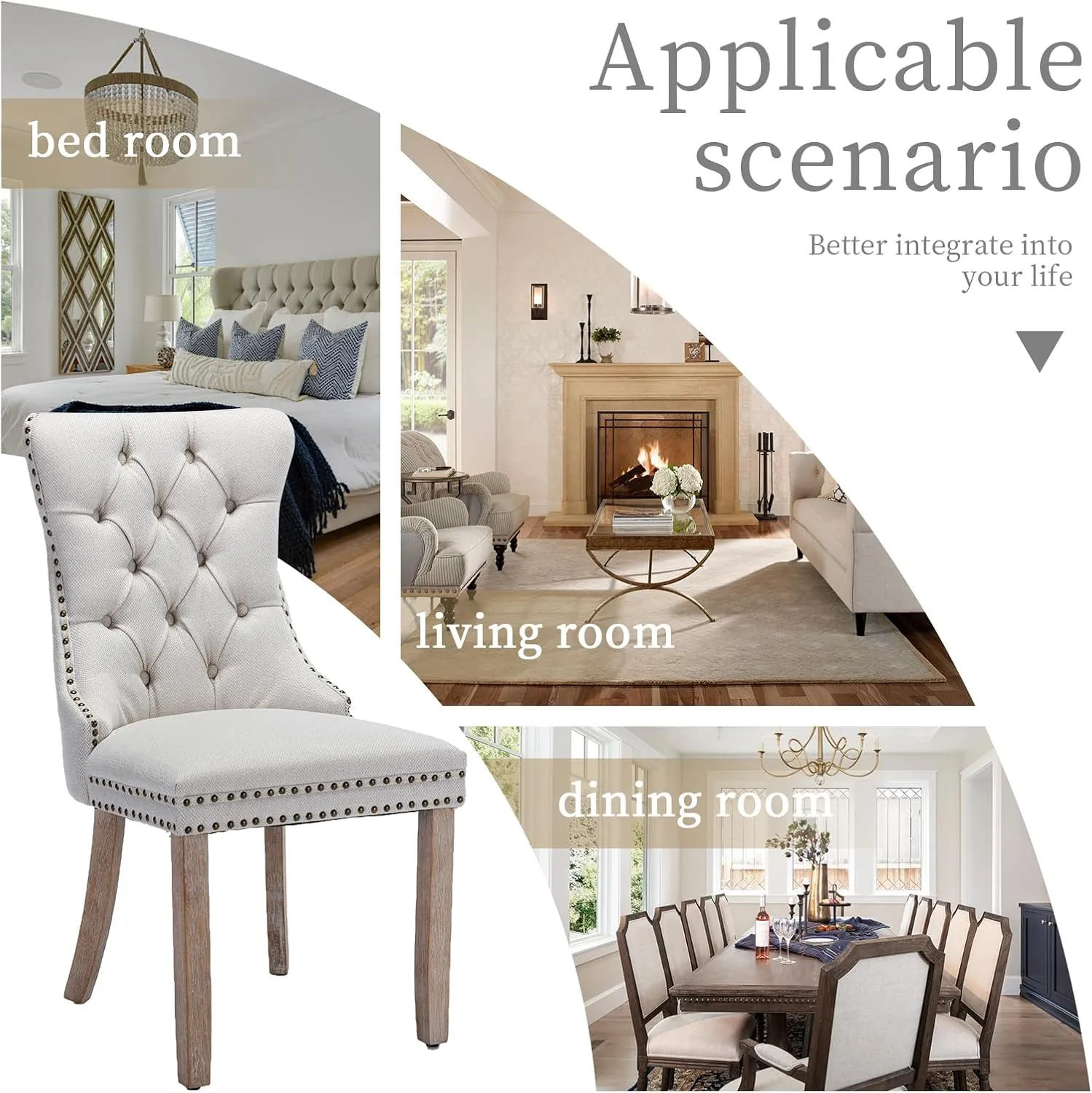 Upholstered Dining Chairs Set of 2 with Button Tufted, Linen Chair with Solid Wood Legs for Dining Room, Living Room, Bedroom, Kitchen Beige