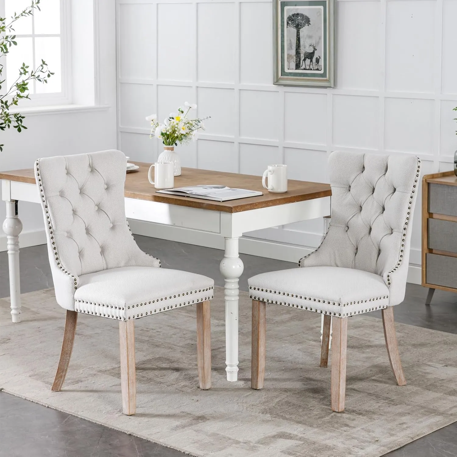 Upholstered Dining Chairs Set of 2 with Button Tufted, Linen Chair with Solid Wood Legs for Dining Room, Living Room, Bedroom, Kitchen Beige