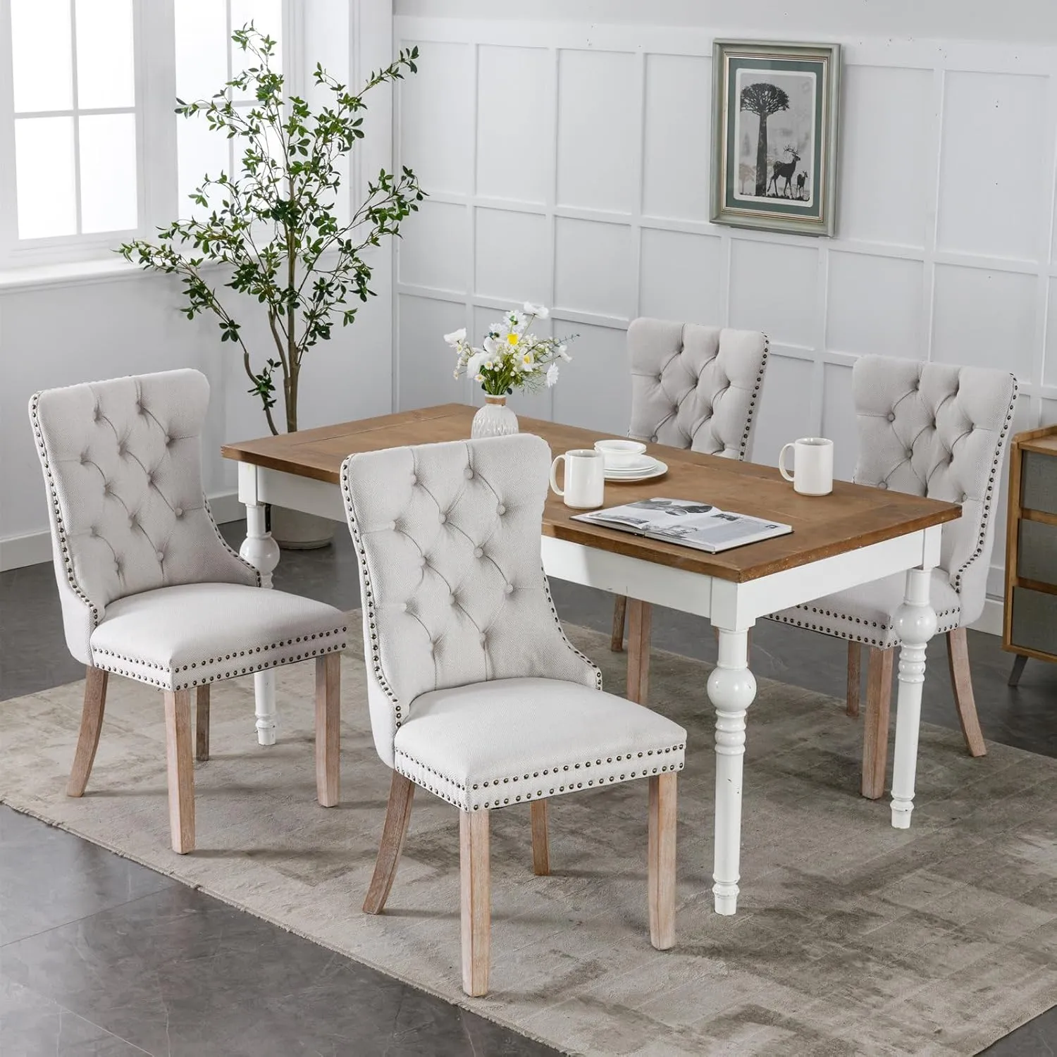 Upholstered Dining Chairs Set of 2 with Button Tufted, Linen Chair with Solid Wood Legs for Dining Room, Living Room, Bedroom, Kitchen Beige