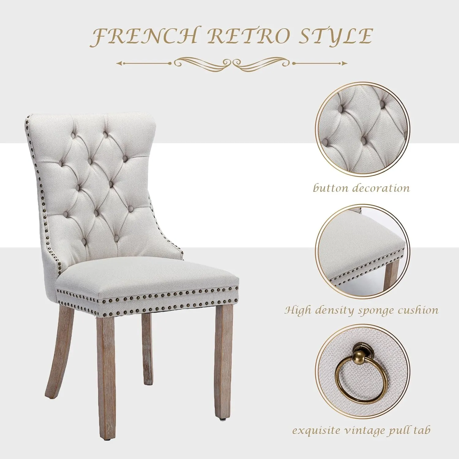 Upholstered Dining Chairs Set of 2 with Button Tufted, Linen Chair with Solid Wood Legs for Dining Room, Living Room, Bedroom, Kitchen Beige