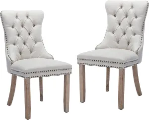 Upholstered Dining Chairs Set of 2 with Button Tufted, Linen Chair with Solid Wood Legs for Dining Room, Living Room, Bedroom, Kitchen Beige