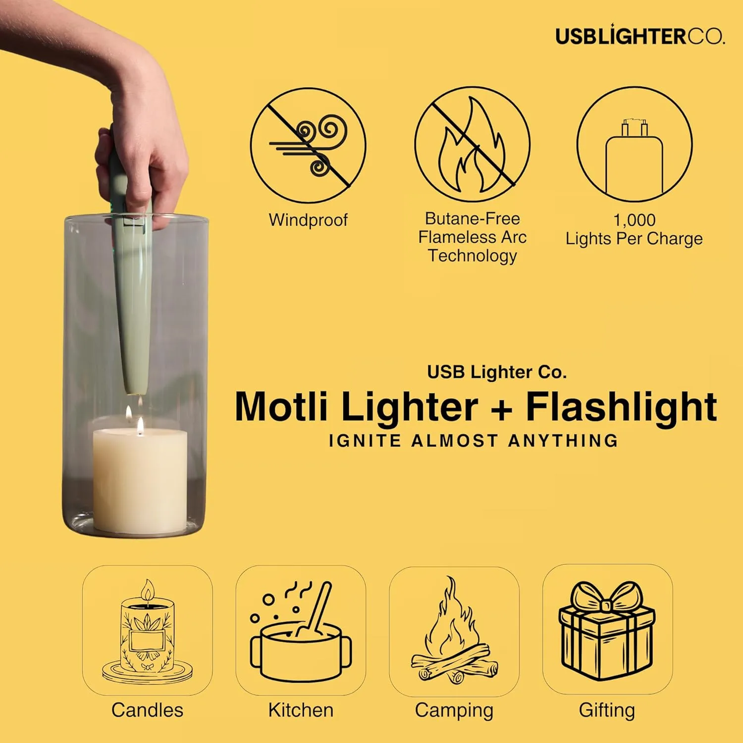 USB Lighter CO. Motli Arc Lighter - Flameless Lighter with LED Flashlight, Rechargeable Battery & Safety Switch - Windproof Tesla Coil Electric Lighters for Gifts, Kitchen, Home, & Outdoors