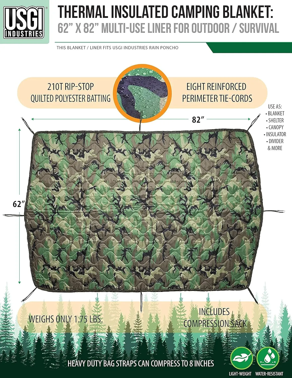 USGI Industries Military Woobie Blanket | Thermal Insulated Camping Blanket, Poncho Liner | Large, Portable, Insulation, Water-Resistant, for Hiking, Survival | Compression Carry Bag