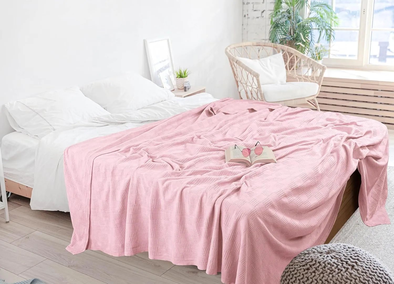 Utopia Bedding Dusky Pink 100% Cotton Blanket [Queen Size - 90x90 Inch] 350GSM Lightweight, Soft and Breathable Thermal Blanket for All Seasons
