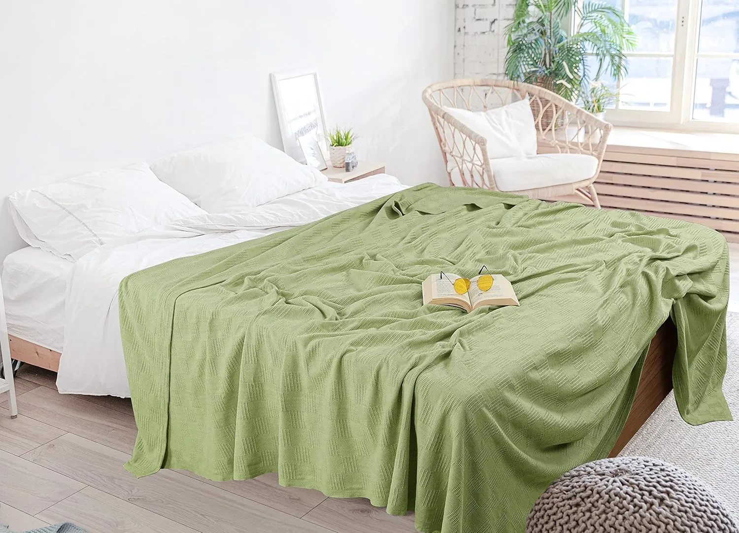 Utopia Bedding Sage Green 100% Cotton Blanket [King Size - 90x108 Inch] 350GSM Lightweight, Soft and Breathable Thermal Blanket for All Seasons