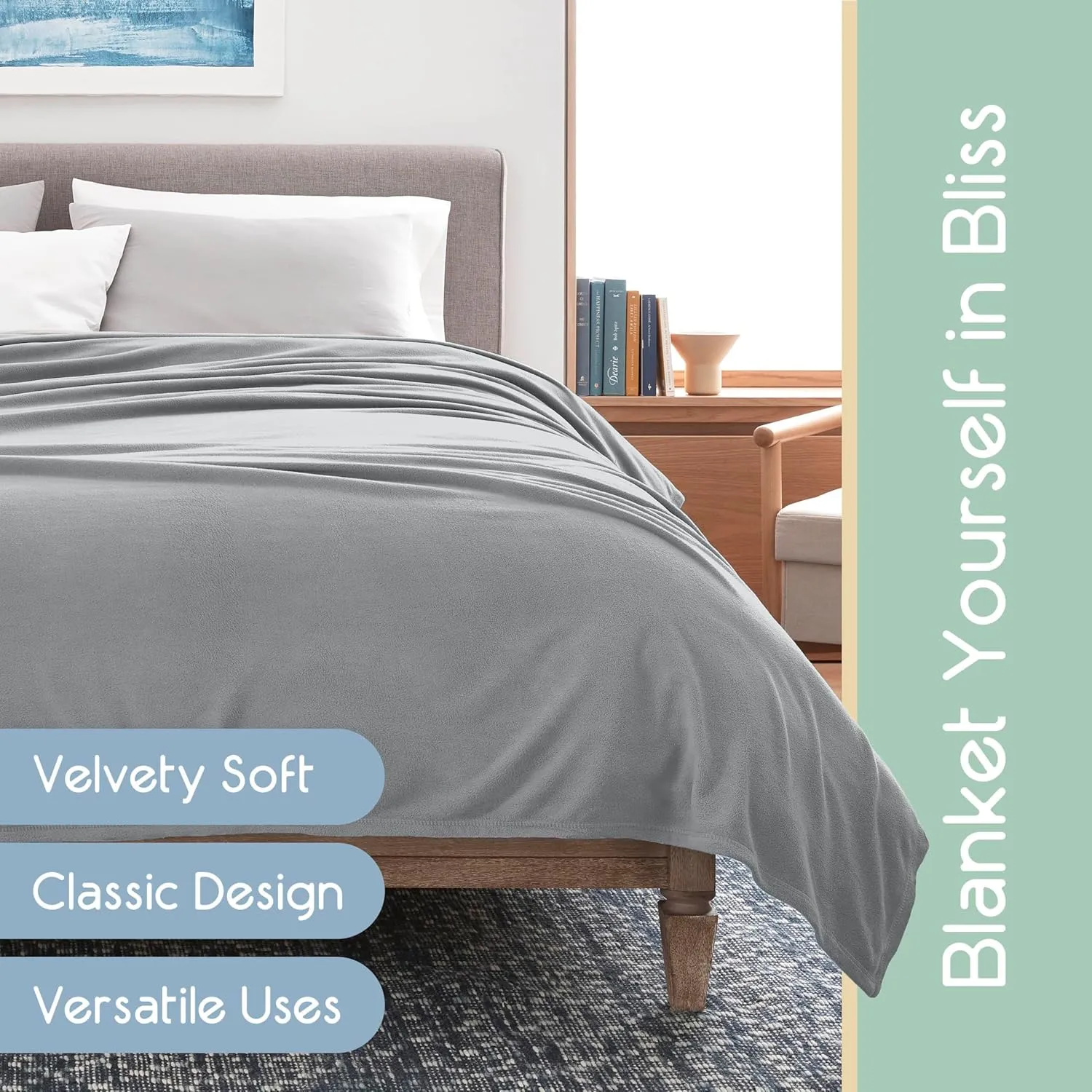 Vellux Full/Queen Size Microfleece Blanket | Fleece Bed Blanket | All-Season Comfort | Supersoft Lightweight | Plush Throw Blanket for Bed Couch or Sofa | Pet-Friendly | Light Grey