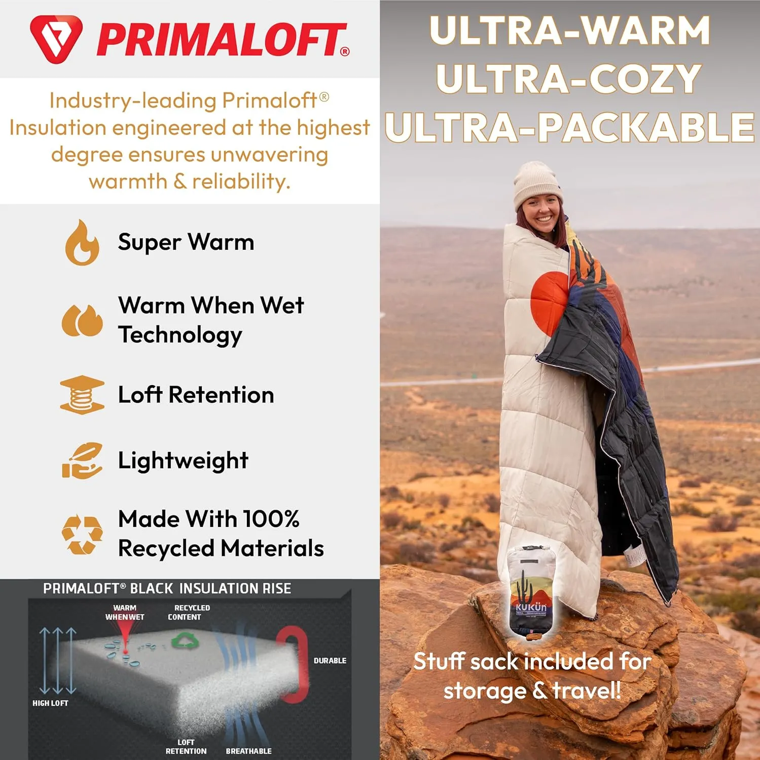 Versatile Packable Outdoor Camping Blanket, Puffy Blanket, Primaloft® Insulation, Warm, Durable, Lightweight, Waterproof, Oversize, Beach, Stadium, and More! 55"x80" (Olive Branch)