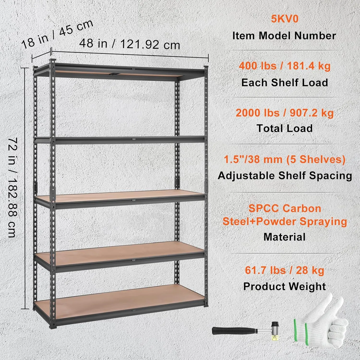 VEVOR Storage Shelving Unit, 5-Tier Adjustable, 2000 lbs Capacity, Heavy Duty Garage Shelves Metal Organizer Utility Rack, 2 Pack, 48" L x 18" W x 72" H