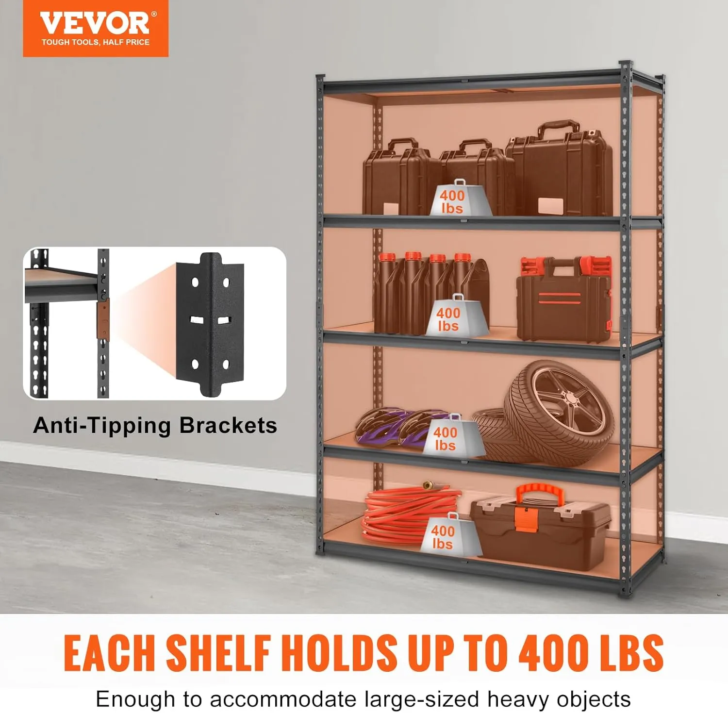 VEVOR Storage Shelving Unit, 5-Tier Adjustable, 2000 lbs Capacity, Heavy Duty Garage Shelves Metal Organizer Utility Rack, 2 Pack, 48" L x 18" W x 72" H