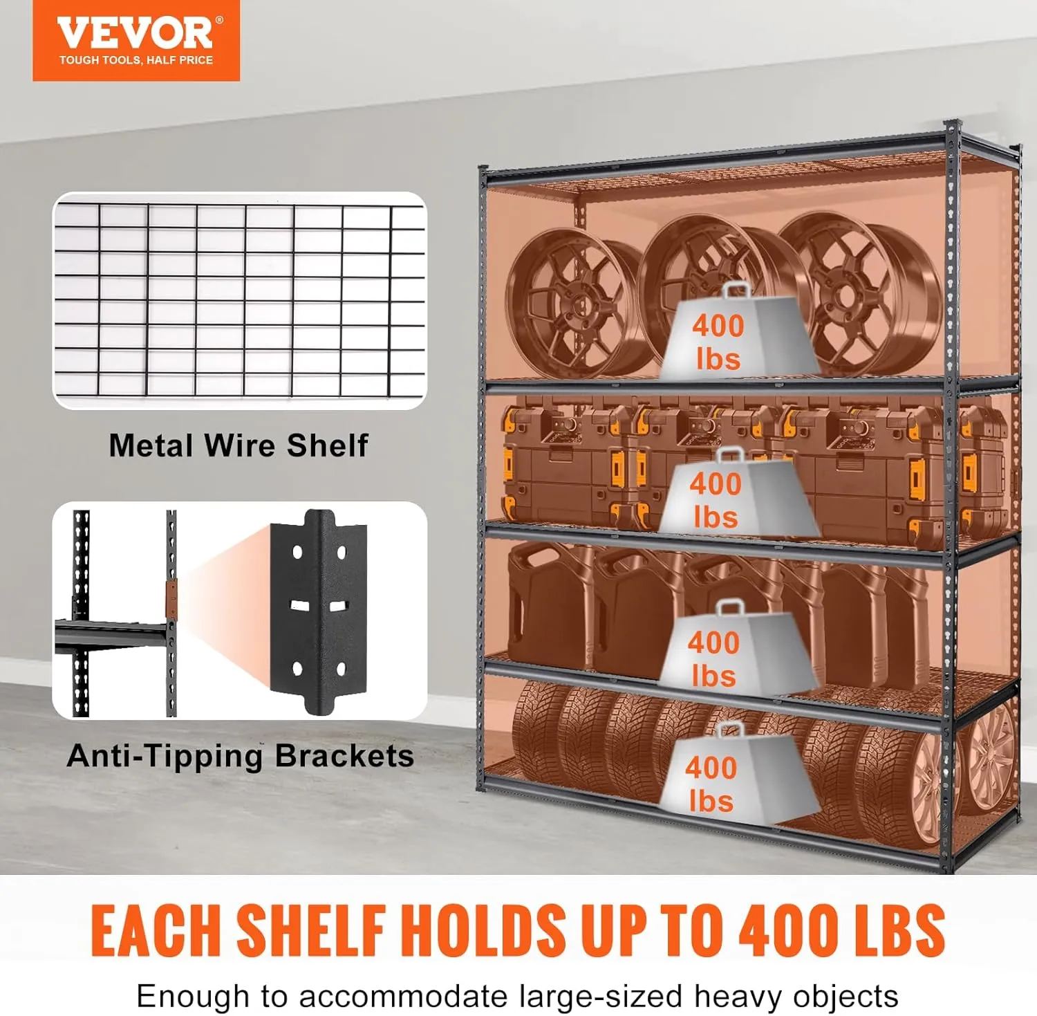 VEVOR Storage Shelving Unit, 5-Tier Adjustable Storage Shelves, 60" L x 24" W x 78" H Heavy Duty Garage Storage Shelves, Metal Shelves for Kitchen Pantry Basement Bathroom Laundry, Black