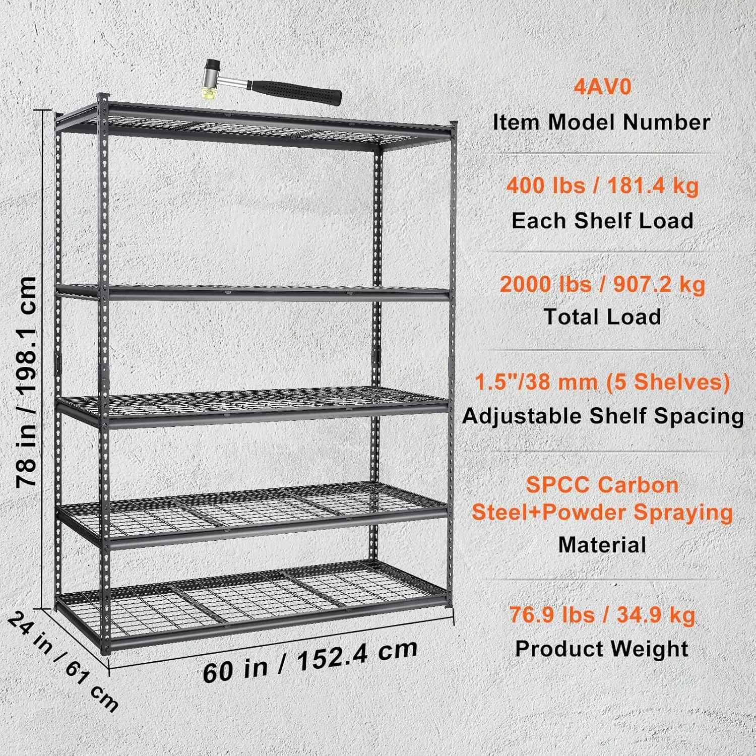 VEVOR Storage Shelving Unit, 5-Tier Adjustable Storage Shelves, 60" L x 24" W x 78" H Heavy Duty Garage Storage Shelves, Metal Shelves for Kitchen Pantry Basement Bathroom Laundry, Black