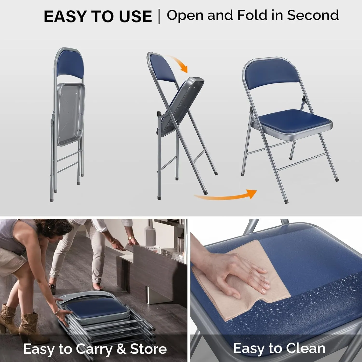 VINGLI 10 Pack Folding Chairs with Padded Seats, Metal Frame with Pu Leather Seat & Back, Capacity 350 lbs, Blue