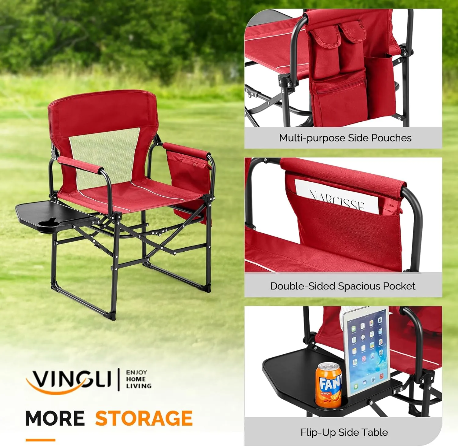 VINGLI Camping Chairs, Directors Chair, Camping Chair with Side Table & Carry Bag，Heavy Duty Camping Chairs for Adults,Portable Folding Camping Chair 2 Pack, for Beach, Fishing,Trip,Picnic,Lawn-Red