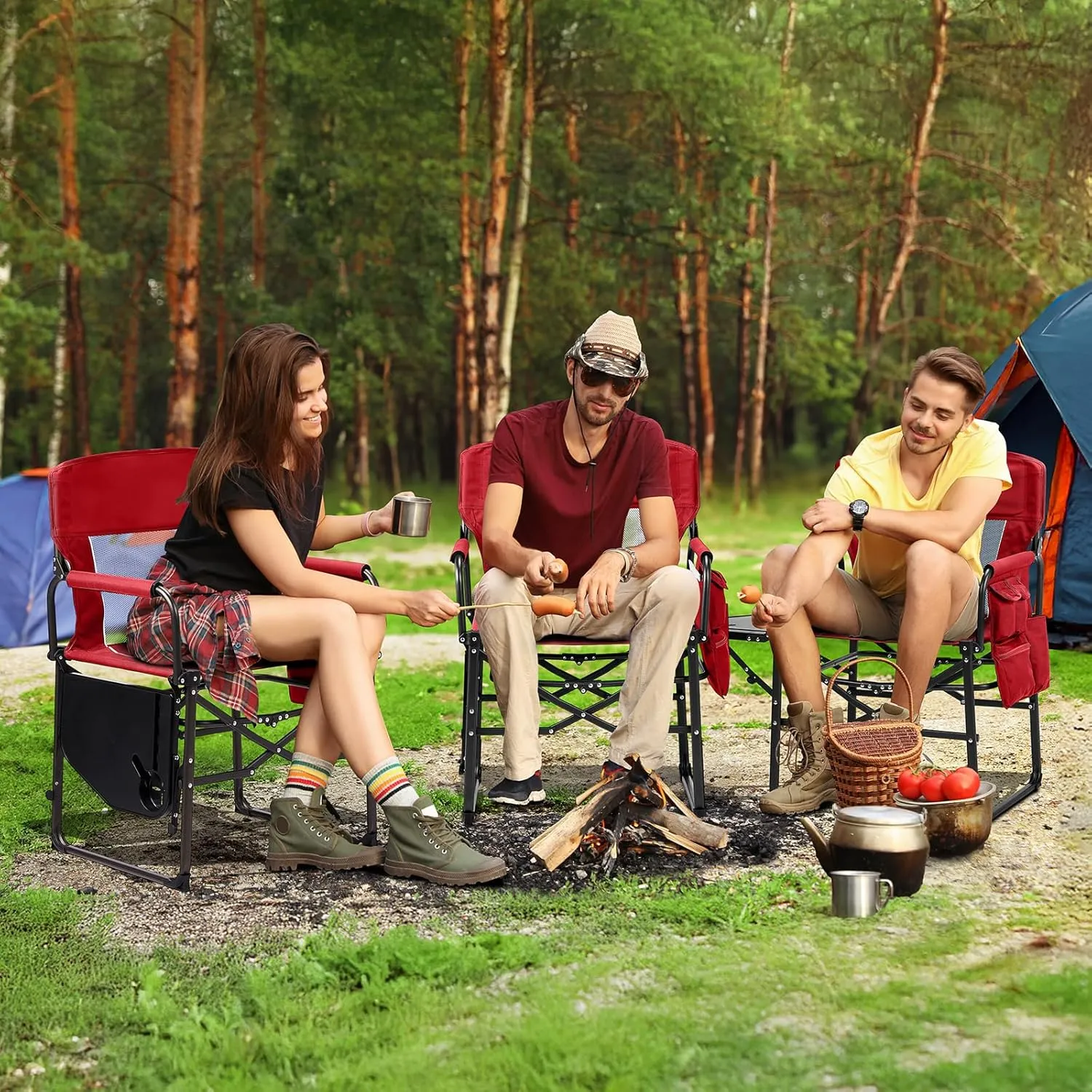 VINGLI Camping Chairs, Directors Chair, Camping Chair with Side Table & Carry Bag，Heavy Duty Camping Chairs for Adults,Portable Folding Camping Chair 2 Pack, for Beach, Fishing,Trip,Picnic,Lawn-Red