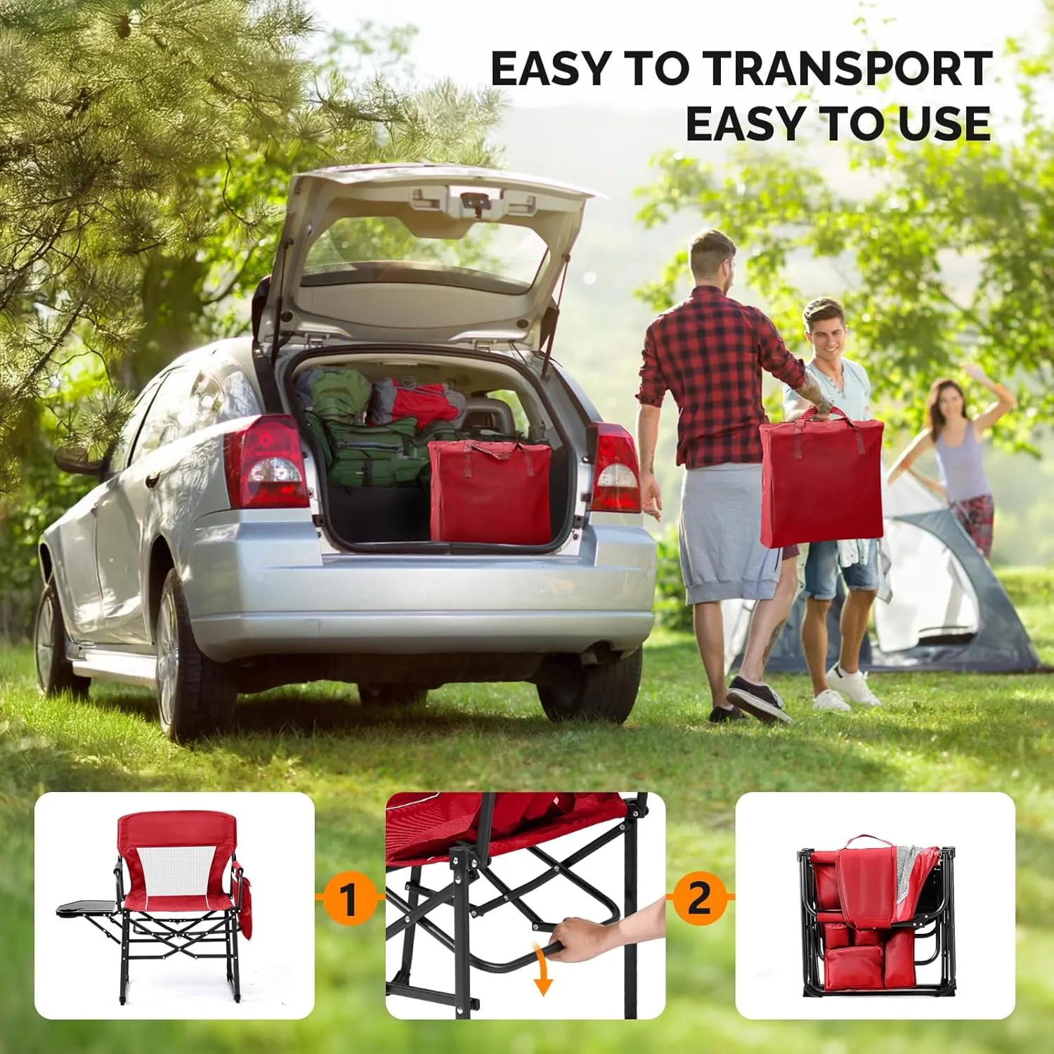 VINGLI Camping Chairs, Directors Chair, Camping Chair with Side Table & Carry Bag，Heavy Duty Camping Chairs for Adults,Portable Folding Camping Chair 2 Pack, for Beach, Fishing,Trip,Picnic,Lawn-Red